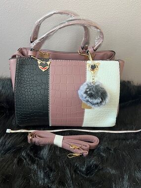 Tri-Color Faux-Croc Tote Bag with Pom Charm - Pink/Black/White
